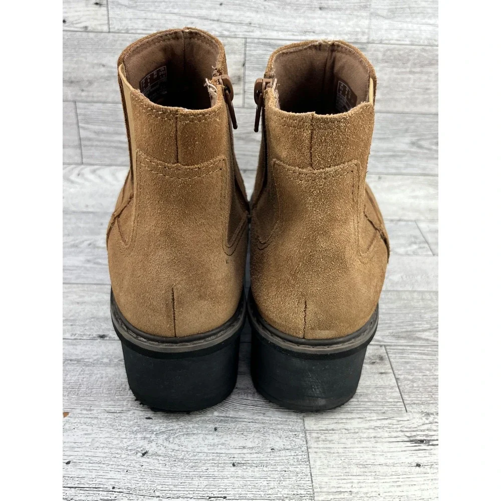 Clarks Women Tan Suede Wedge Platform Ankle Boots Side Zip Chelsea Booties Sz 8M